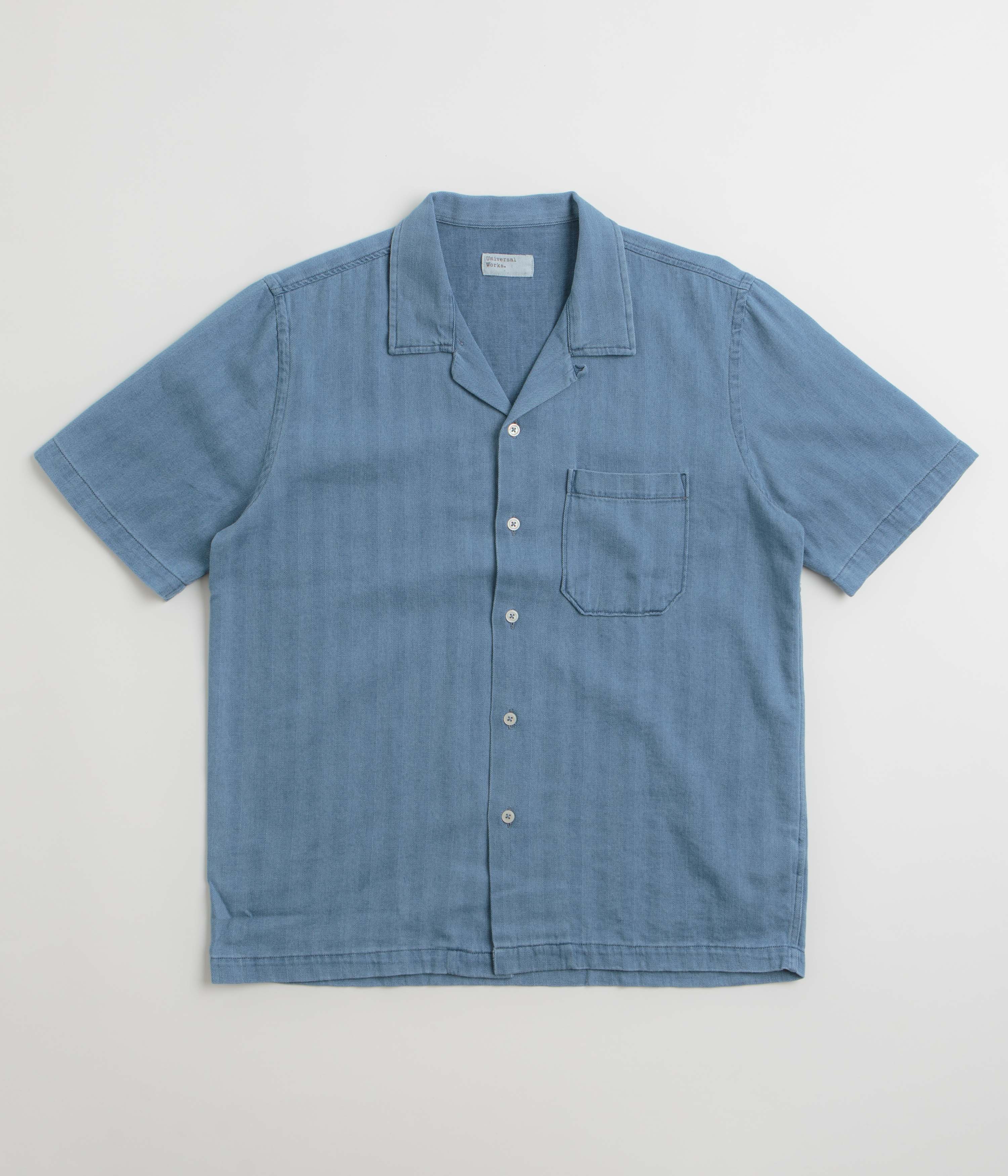 Universal Works Road Short Sleeve Shirt - Washed Indigo / Herringbone